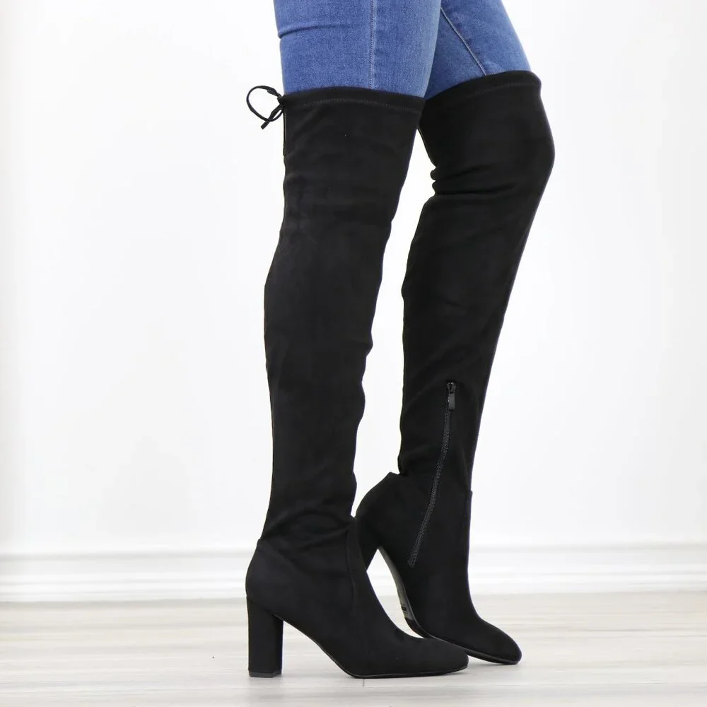 Black Over The Knee Boots Lace Up Back Side Zip Block Heel Faux Suede